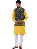 SOJANYA (Since 1958 Mens Cotton foil Printed Mustard Kurta and White Pyjama with Black Nehru Jacket