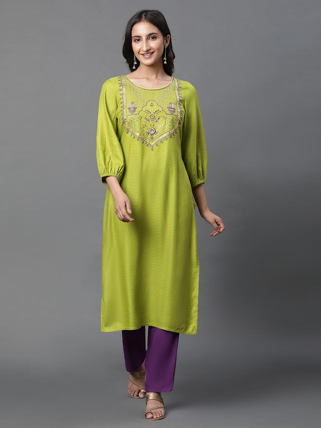 Aurelia Green Embroidered Straight Long Kurta With Zari