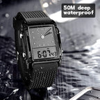 FANMIS Men's Waterproof Rectangle Dial Analog Digital Wrist Watch with Five LED Backlight Color Black