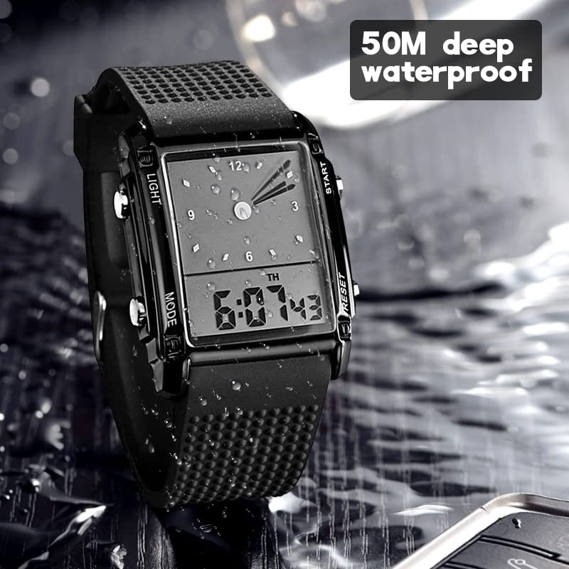 FANMIS Men's Waterproof Rectangle Dial Analog Digital Wrist Watch with Five LED Backlight Color Black