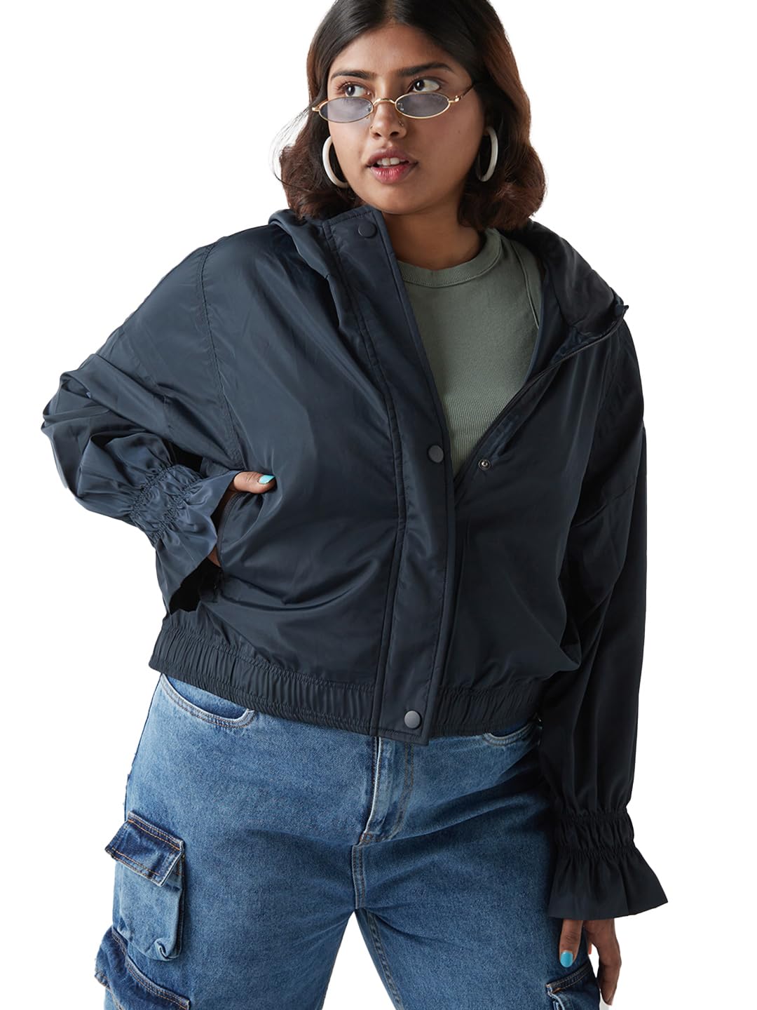 Bewakoof Womens Solid Oversized Fit Full Sleeve Hooded Nylon Plus Size Jacket_641023_Blue_3XL