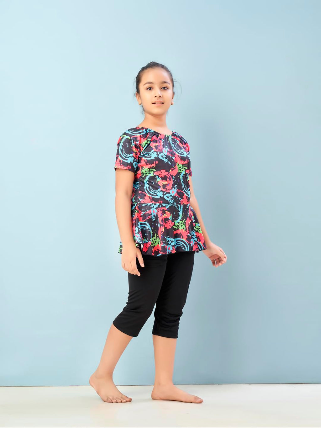 Aarika Girls Sports Wear Black-Rani Colour Abstract Print Nylon Swim Suit (5-15 Years)-(SW-SHM-C-1119)