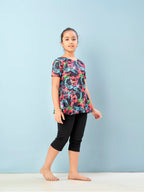 Aarika Girls Sports Wear Black-Rani Colour Abstract Print Nylon Swim Suit (5-15 Years)-(SW-SHM-C-1119)