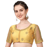 Pujia Mills WomenS Multicolor Temple Embroidery Net Back Sequence Khatli Work Sleeves Design Phantom Silk Readymade Saree Blous