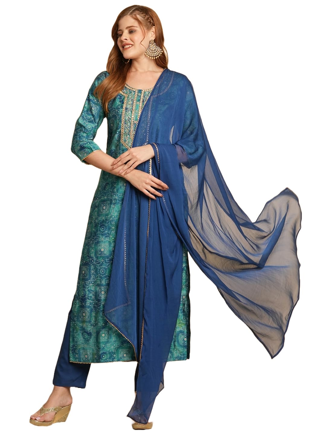 ANNI DESIGNER Womens Cotton Blend Straight Printed Kurta with Pant & Dupatta (Sharvi Blue_L_Blue_Large)
