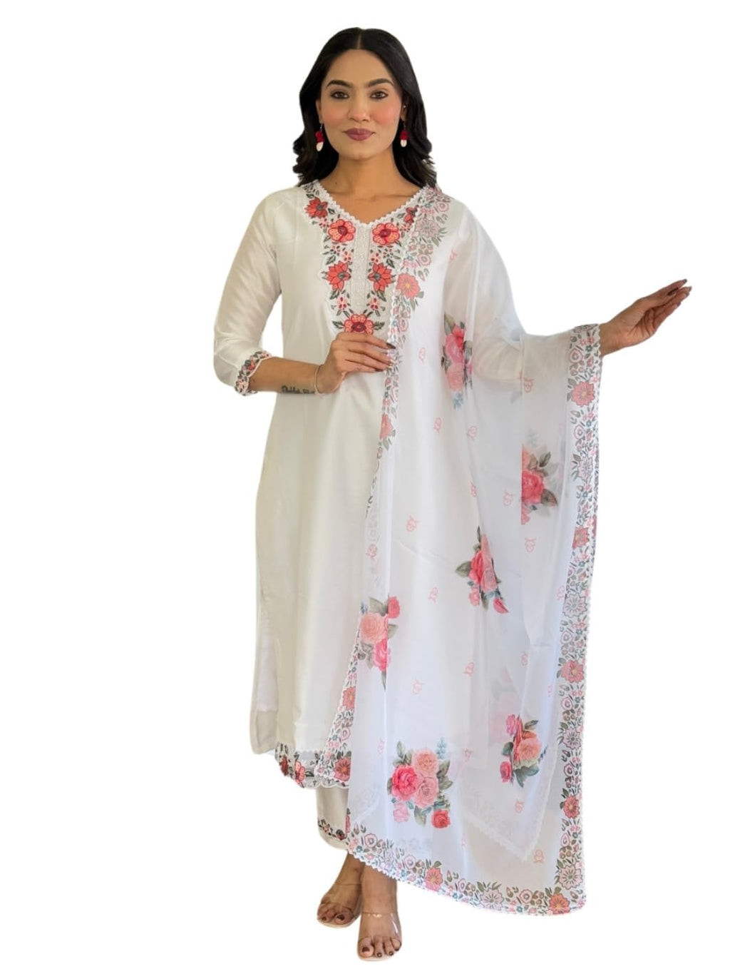 Naixa WomenS White Viscose With Cotton Lining Embroidered Straight Kurta With Viscose Pant And Taby Embroidered Laced Dupatta S