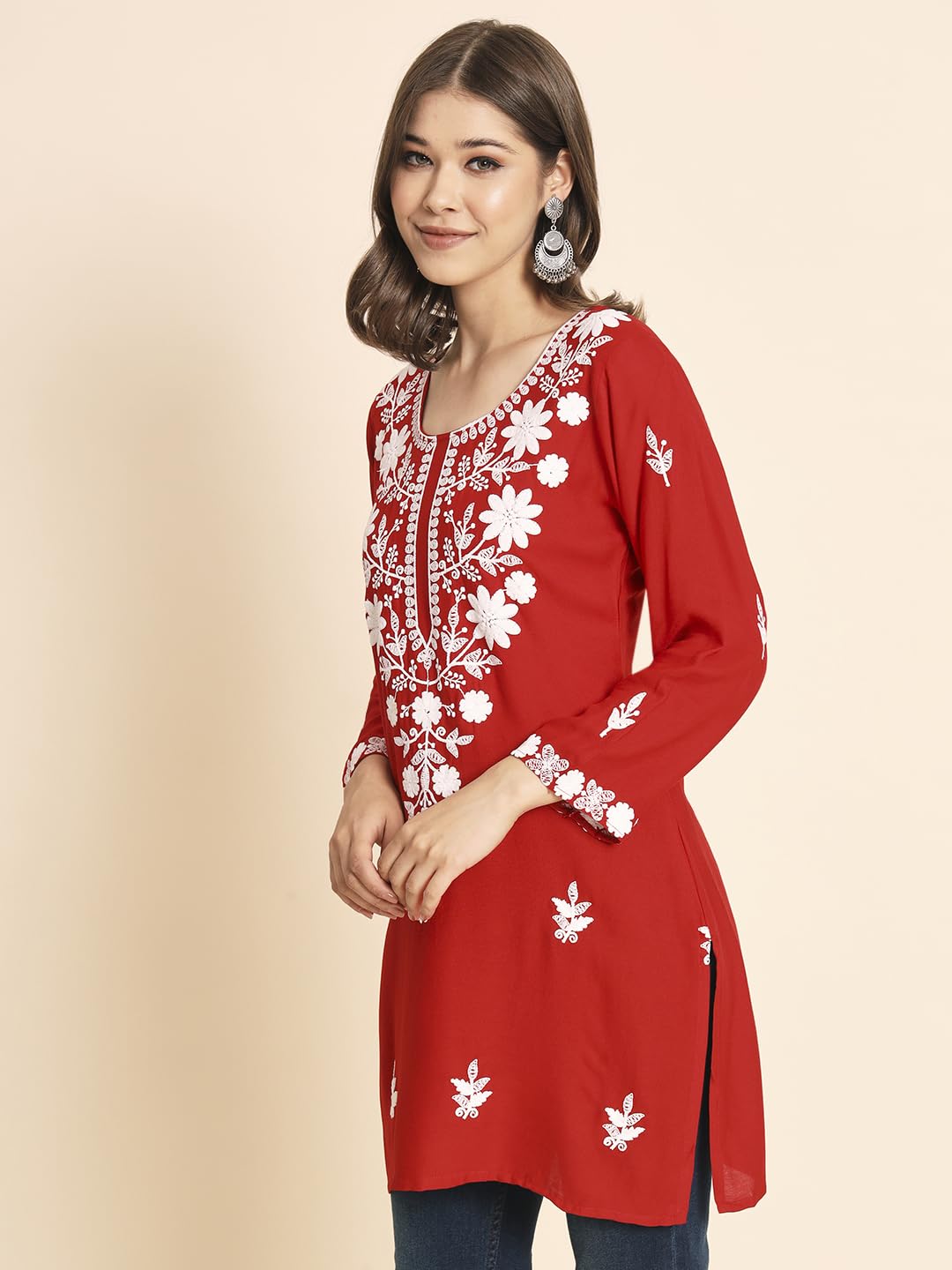 Vairagee WomenS Rayon Straight Cut Round Neck Kurta With Beautiful Lucknowi Chickenkari Work (1594) Red