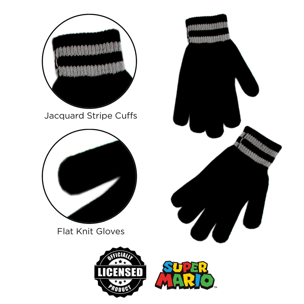 Nintendo Boys Winter Hat And Kids Gloves Set, Super Mario Beanie For Ages 4-7, Grey/Black