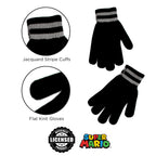 Nintendo Boys Winter Hat And Kids Gloves Set, Super Mario Beanie For Ages 4-7, Grey/Black