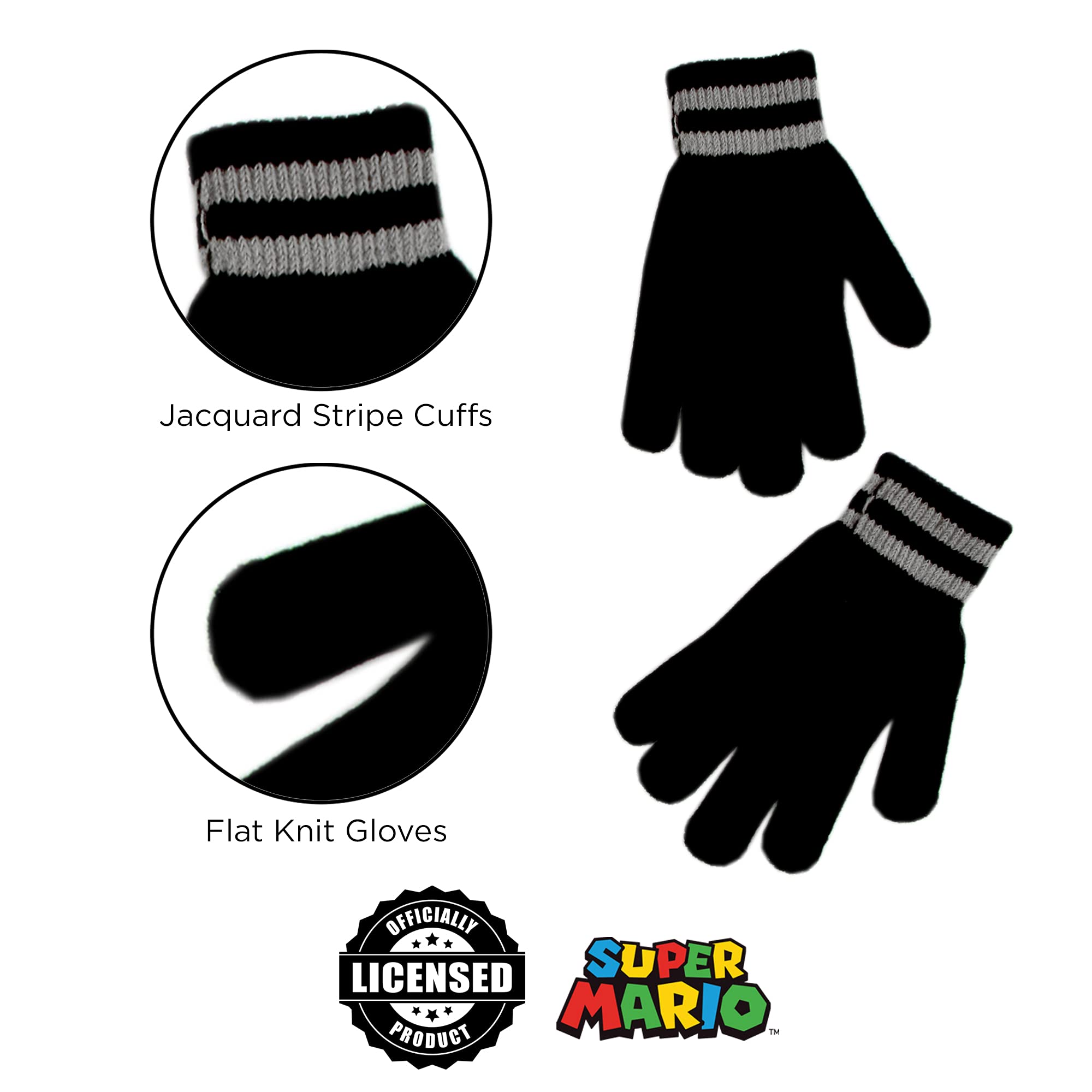 Nintendo Boys Winter Hat And Kids Gloves Set, Super Mario Beanie For Ages 4-7, Grey/Black