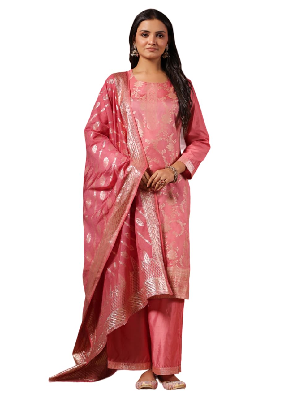 ishin Womens Poly Silk Ethnic Motifs Pink Straight Kurta Suit Set with Trousers & Dupatta