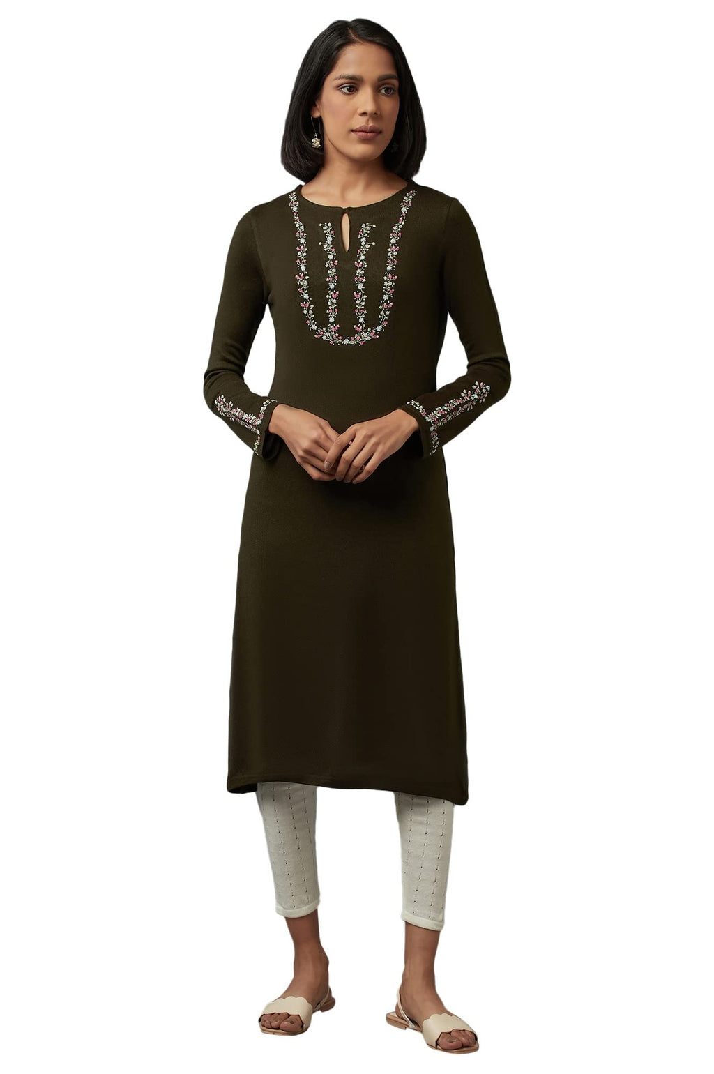 W For Woman Olive Embroidered Kurta_23Now16976-214233_Xl