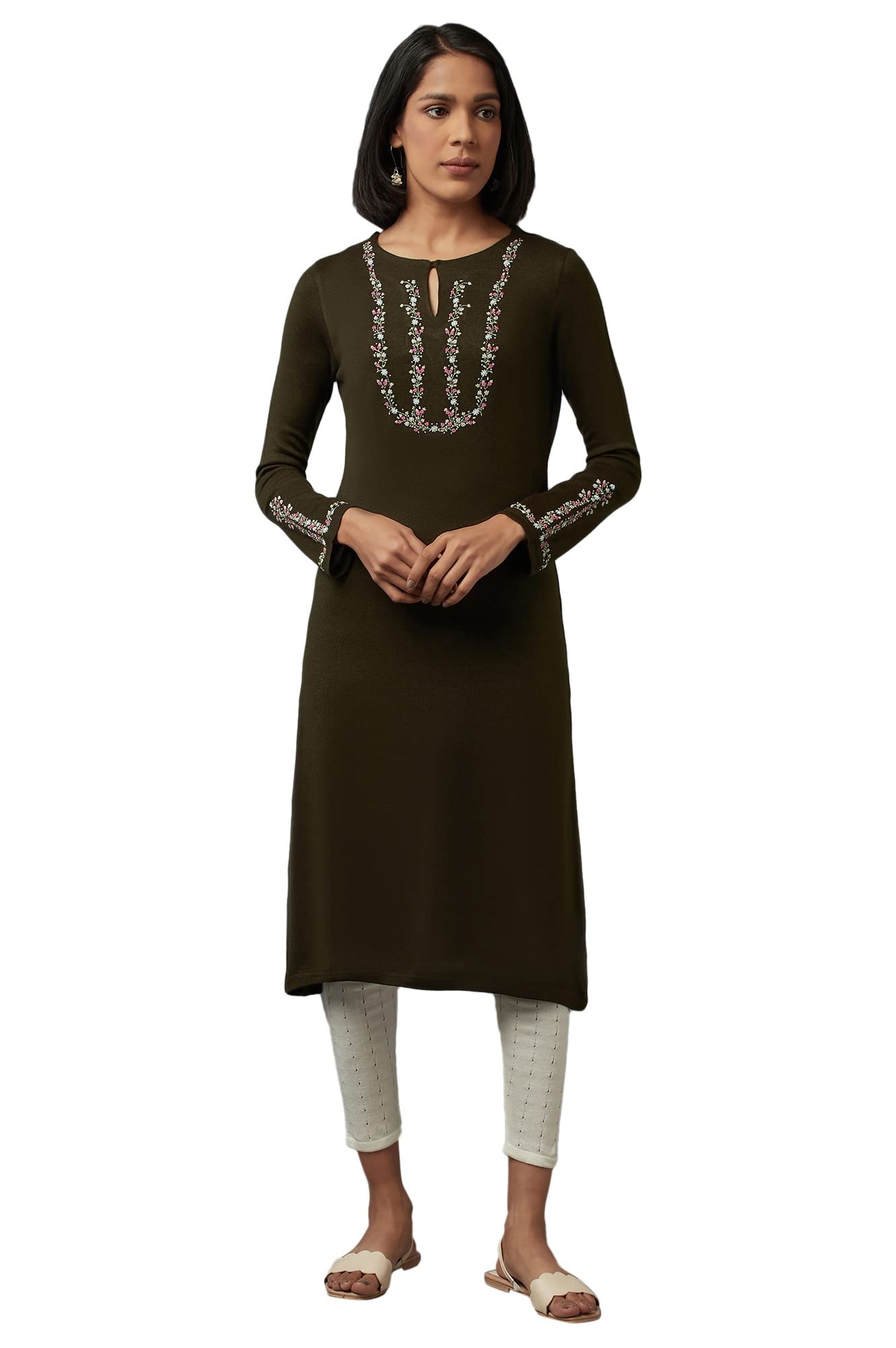 W For Woman Olive Embroidered Kurta_23Now16976-214233_Xl