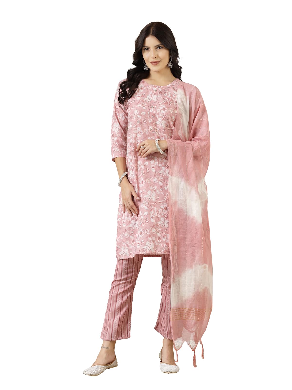 Stylum Women'S Tropical Printed Silk Blend Straight Kurta Pant Dupatta Set (Kpdpinkpearl44_Pink, Xxl)