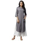 Rigo Women Grey Front Open Band Collar Straight Kurta