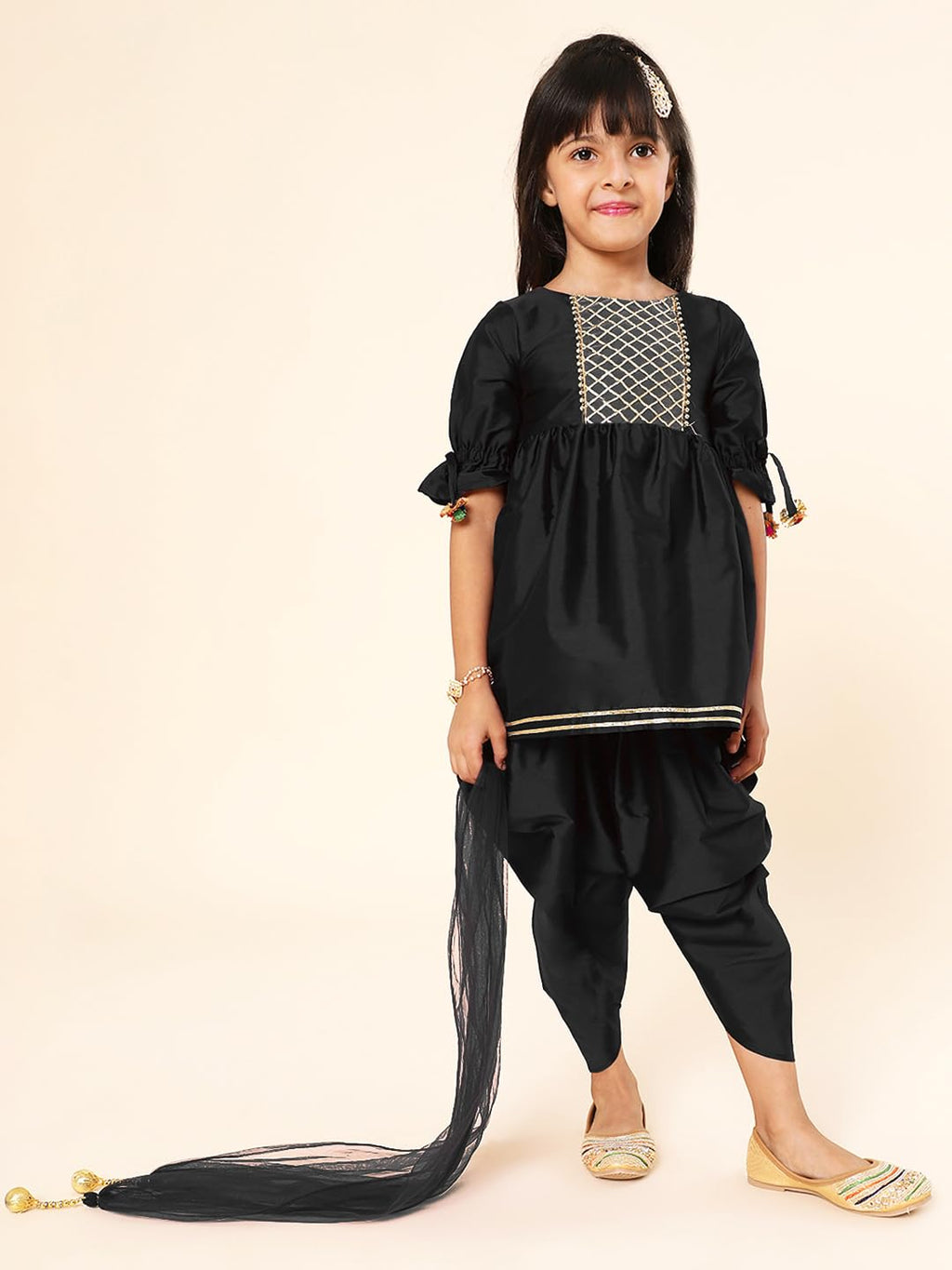 A.T.U.N. (ALL THINGS UBER NICE) Girls Pleated Gotta Patti Kurti with Dhoti Pants & Dupatta Set | Ethnic Wear Clothing Set