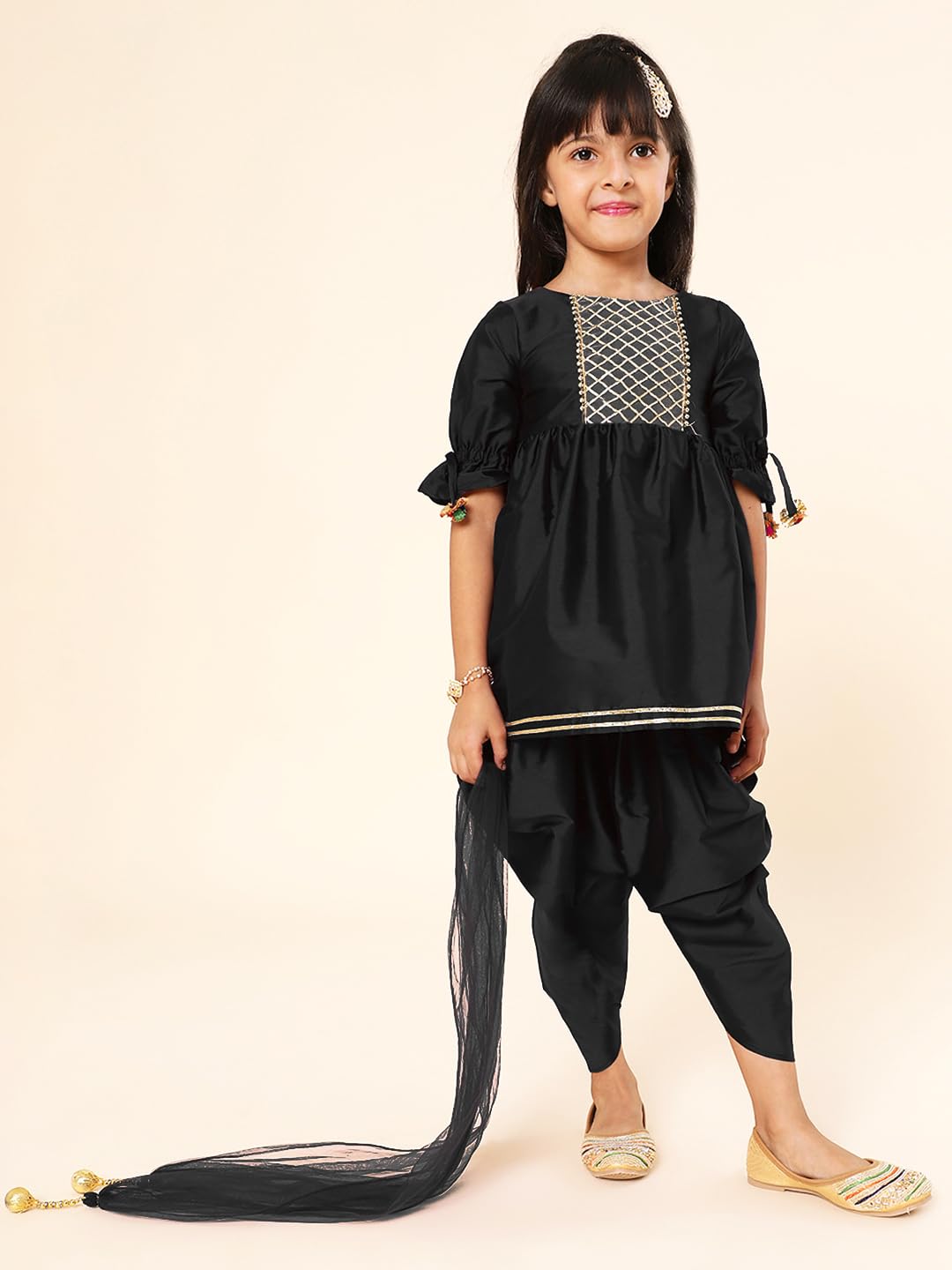 A.T.U.N. (ALL THINGS UBER NICE) Girls Pleated Gotta Patti Kurti with Dhoti Pants & Dupatta Set | Ethnic Wear Clothing Set