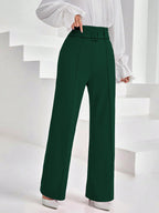 Shasmi Womens Dark Green Solid Color High Waisted Belted Toothpick Stripe Design Straight Loose Casual Women Pants, Minimalist