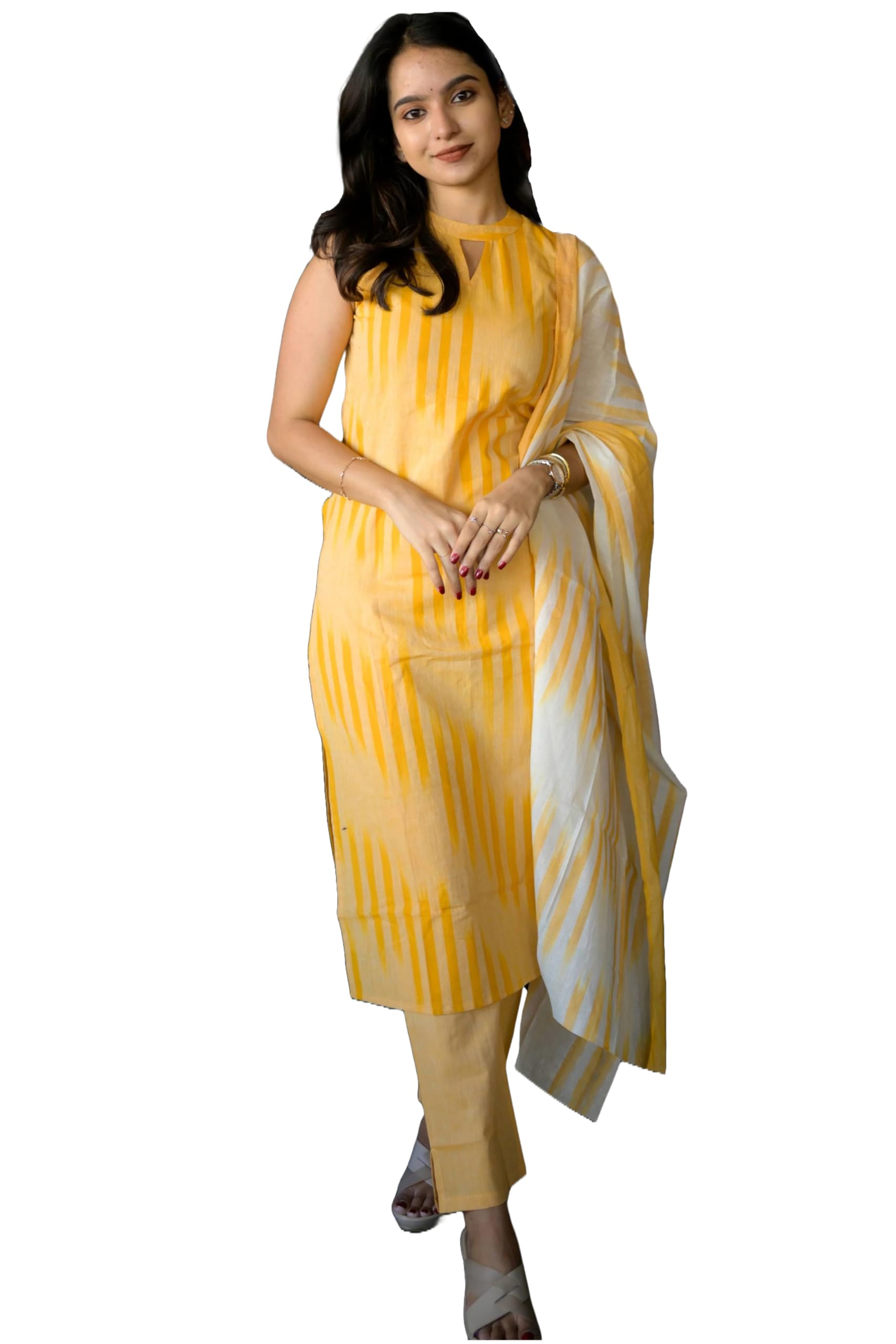 ANNI DESIGNER Womens Rayon Viscose Straight Printed Kurta with Pant & Dupatta (Dabiman Yellow_S_Yellow_Small)
