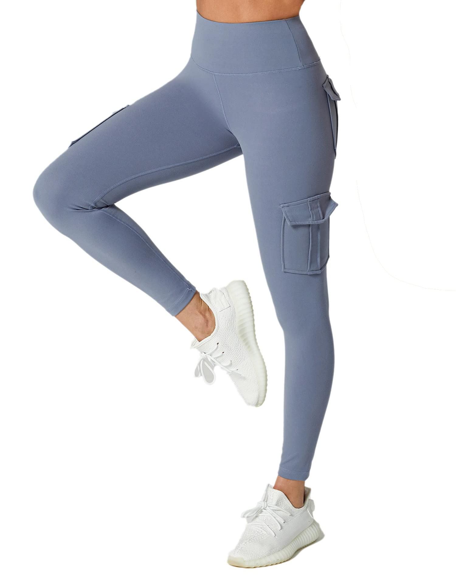 JEGGE High Waist Yoga Leggings with 4 Pockets,Tummy Control Workout Running 4 Way Stretch Cargo Pocket Leggings (Blue, XX-Large)