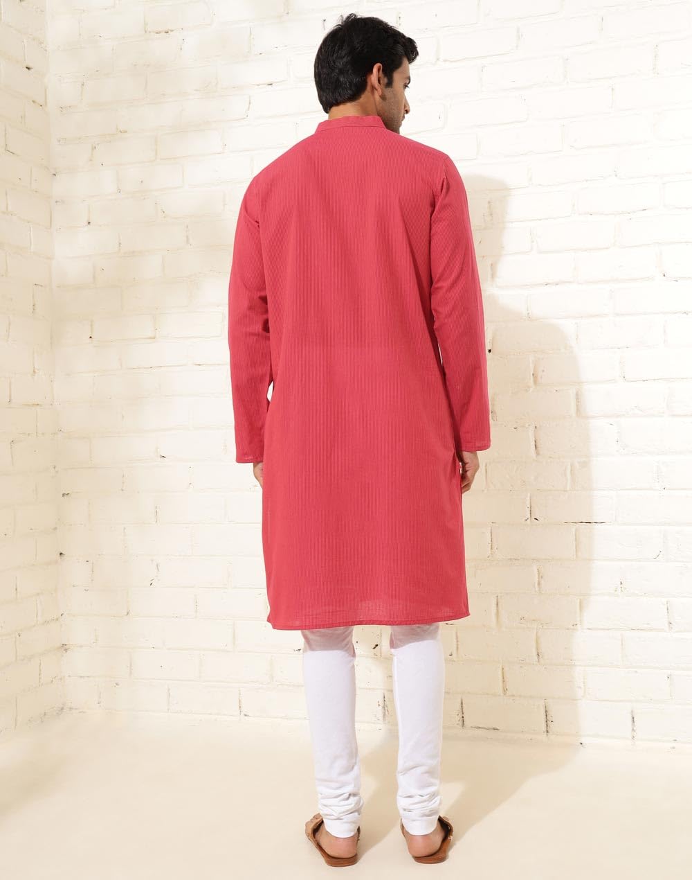 Fabindia MenS Cotton Striped Slim Long Kurta (1038422Pink_Pink