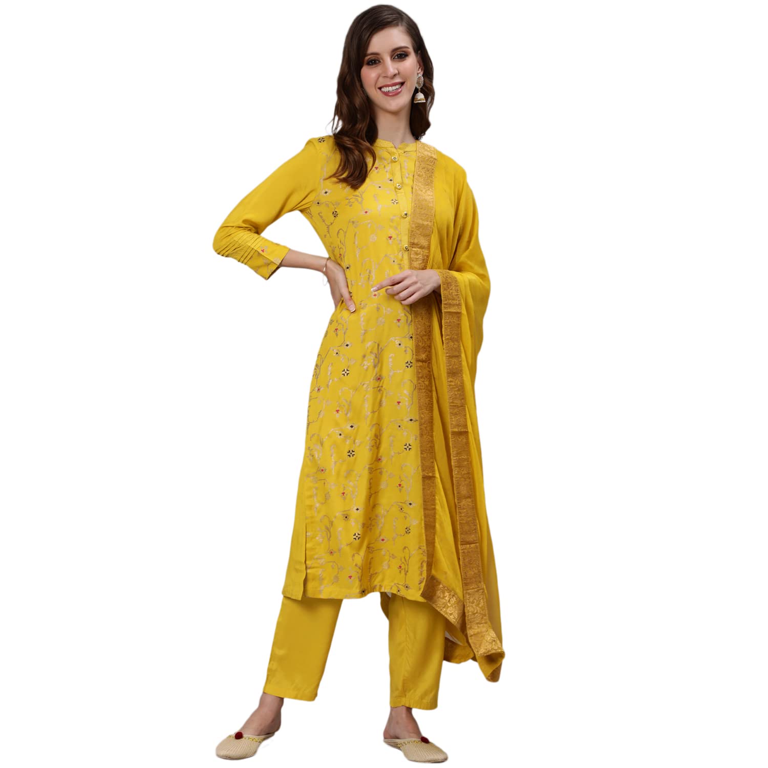 Ishin Women'S Silk Blend Yellow Foil Printed A-Line Kurta Set With Trouser And Dupatta