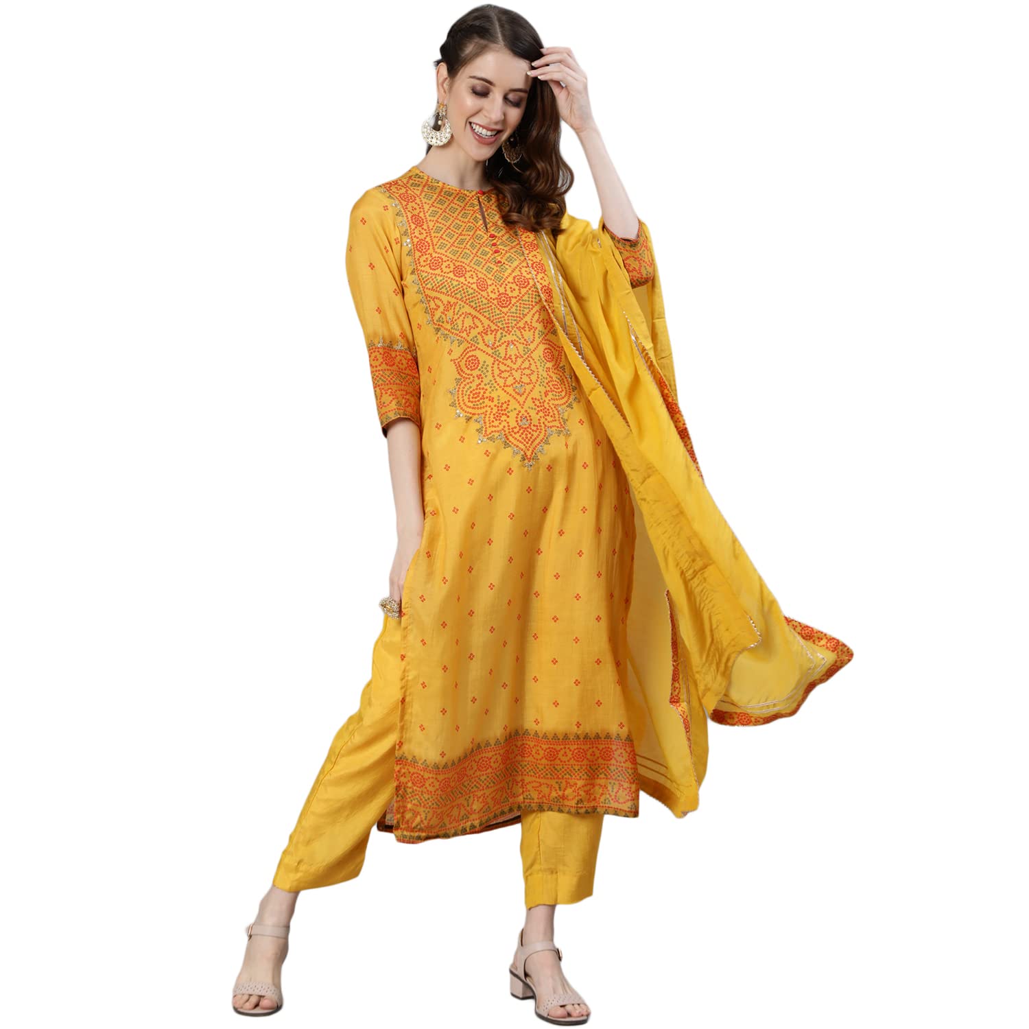 Ishin Women'S Pure Silk Embroidered Straight Kurta Suit Set With Dupatta & Pants Dhkpldrn-12094_M_Mustard