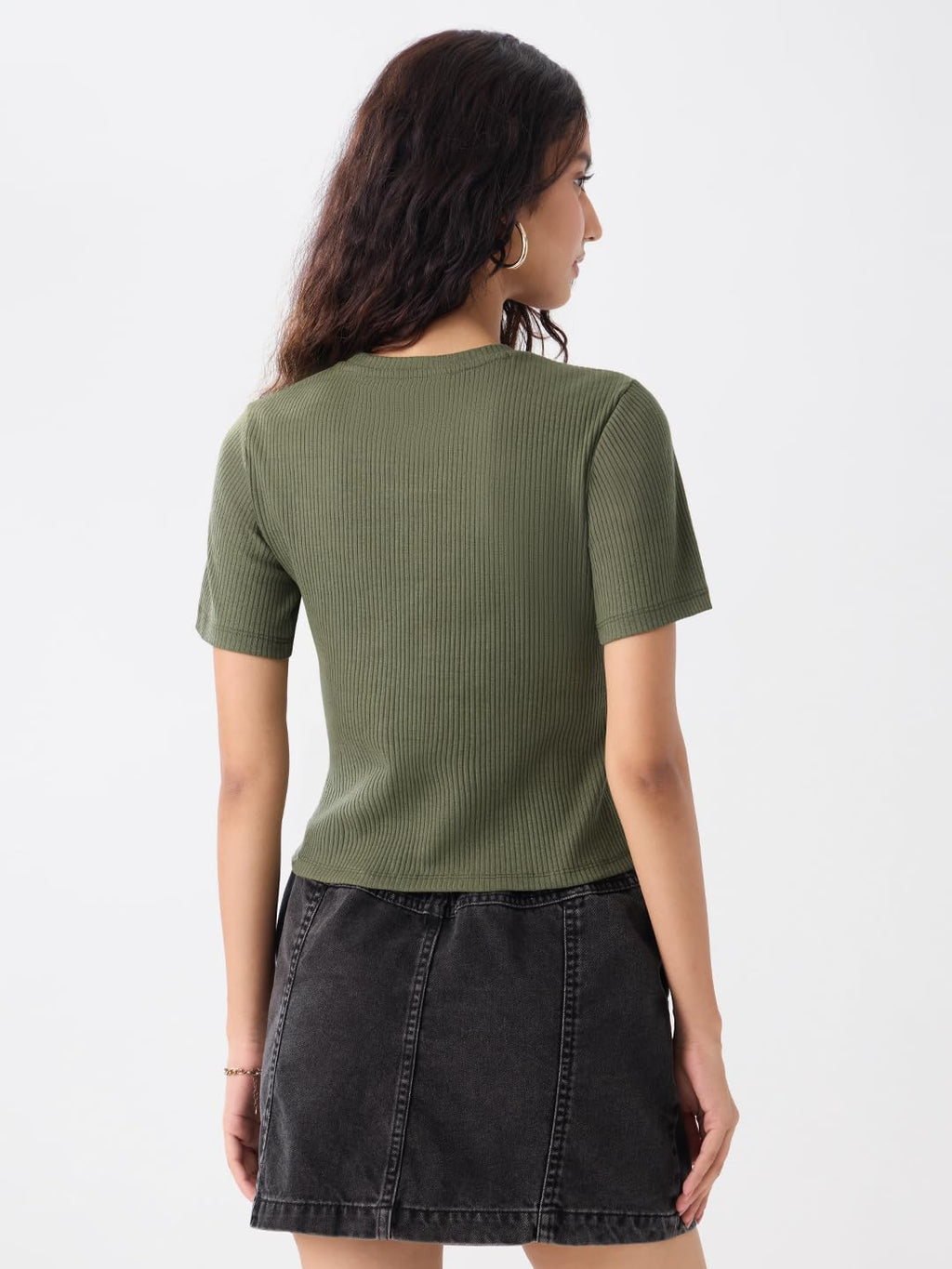 The Souled Store Ribbed T-Shirt: Olive Women and Girls Short Sleeves Round Neck Polyester Blend Regular Fit T-Shirts