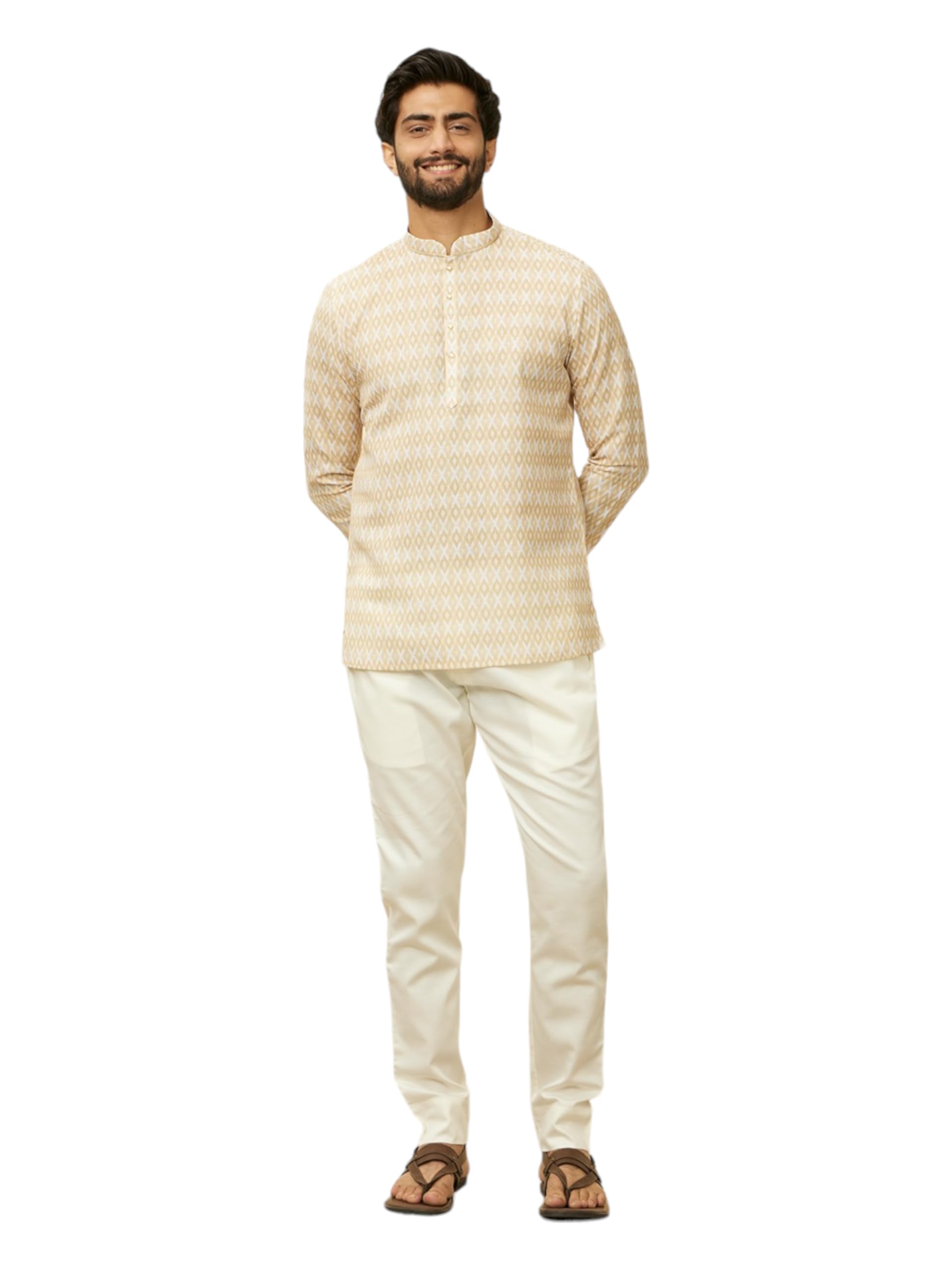 Manyavar Mens Fawn Blended Cotton Printed Short Kurtas