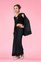 Dhyey Fashion Girls Lycra Blend Ruffle Pattern Saree With Velvet Unstitched Blouse Piece