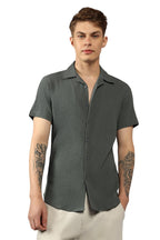 Dennis Lingo MenS| Dark Grey| Half Sleeve| Cuban Collar| Striped| Relaxed Fit| Casual Shirt