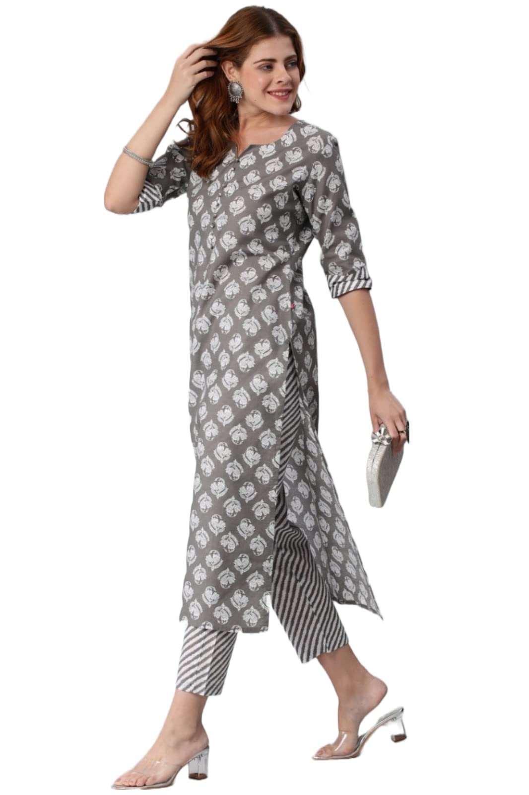 ANNI DESIGNER Womens Cotton Blend Printed Straight Kurta with Pant (Funnu Grey_XXL_Grey_XX-Large)