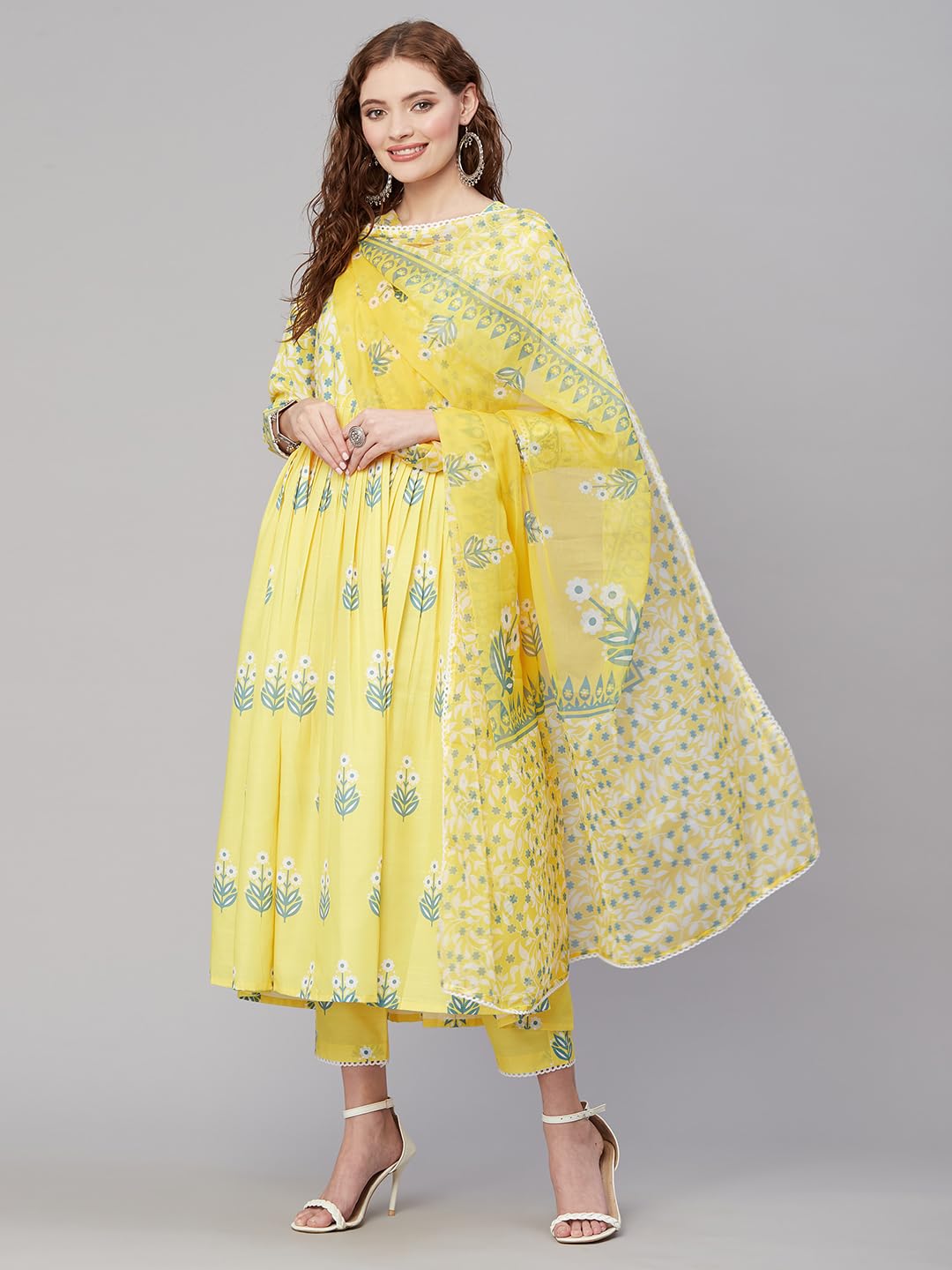 ANNI DESIGNER Womens Rayon Anarkali Printed Kurta with Pant & Dupatta (Renu-Yellow_M_Yellow_Medium)