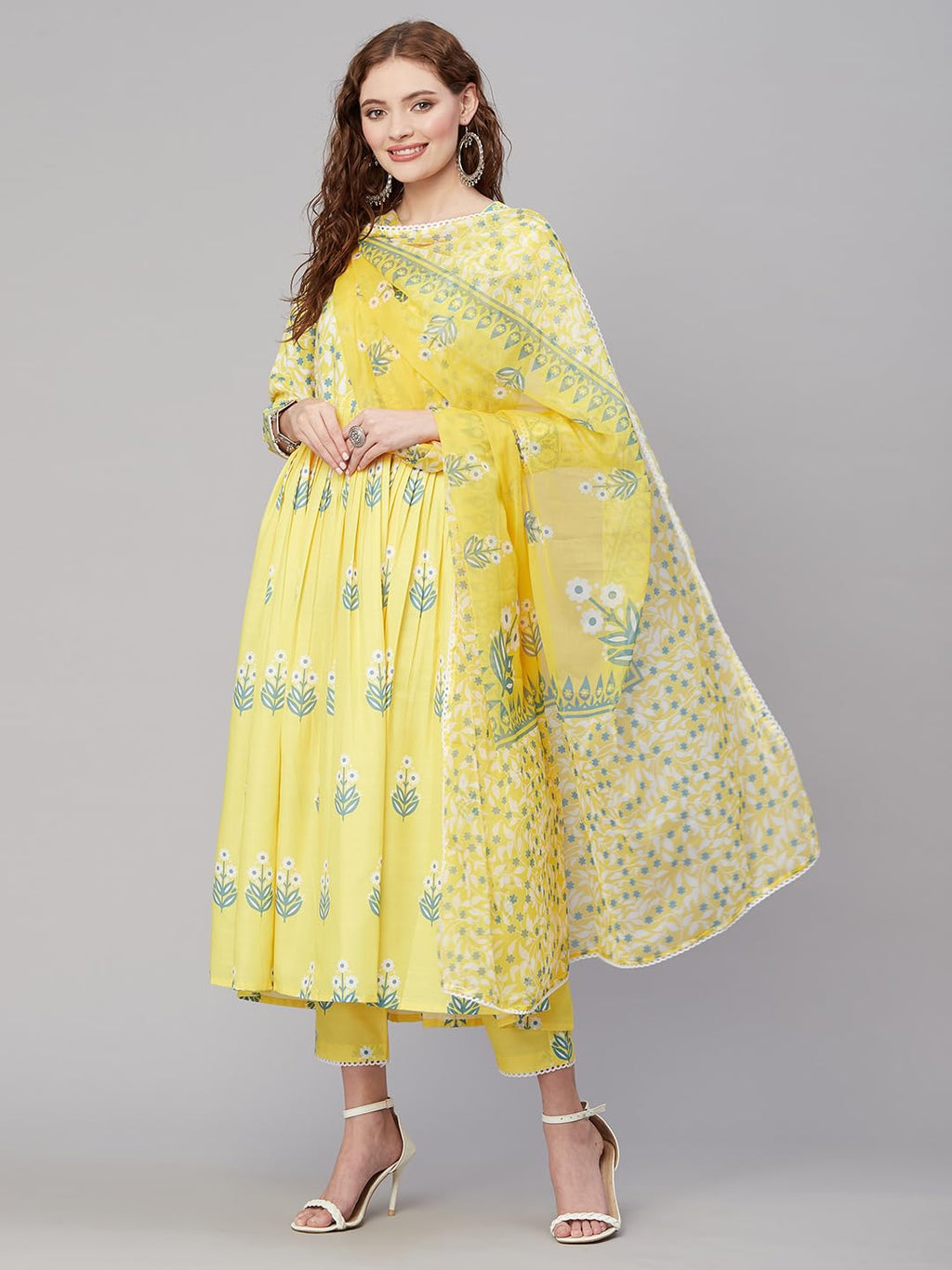 ANNI DESIGNER Womens Rayon Anarkali Printed Kurta with Pant & Dupatta (Renu-Yellow_XXL_Yellow_XX-Large)