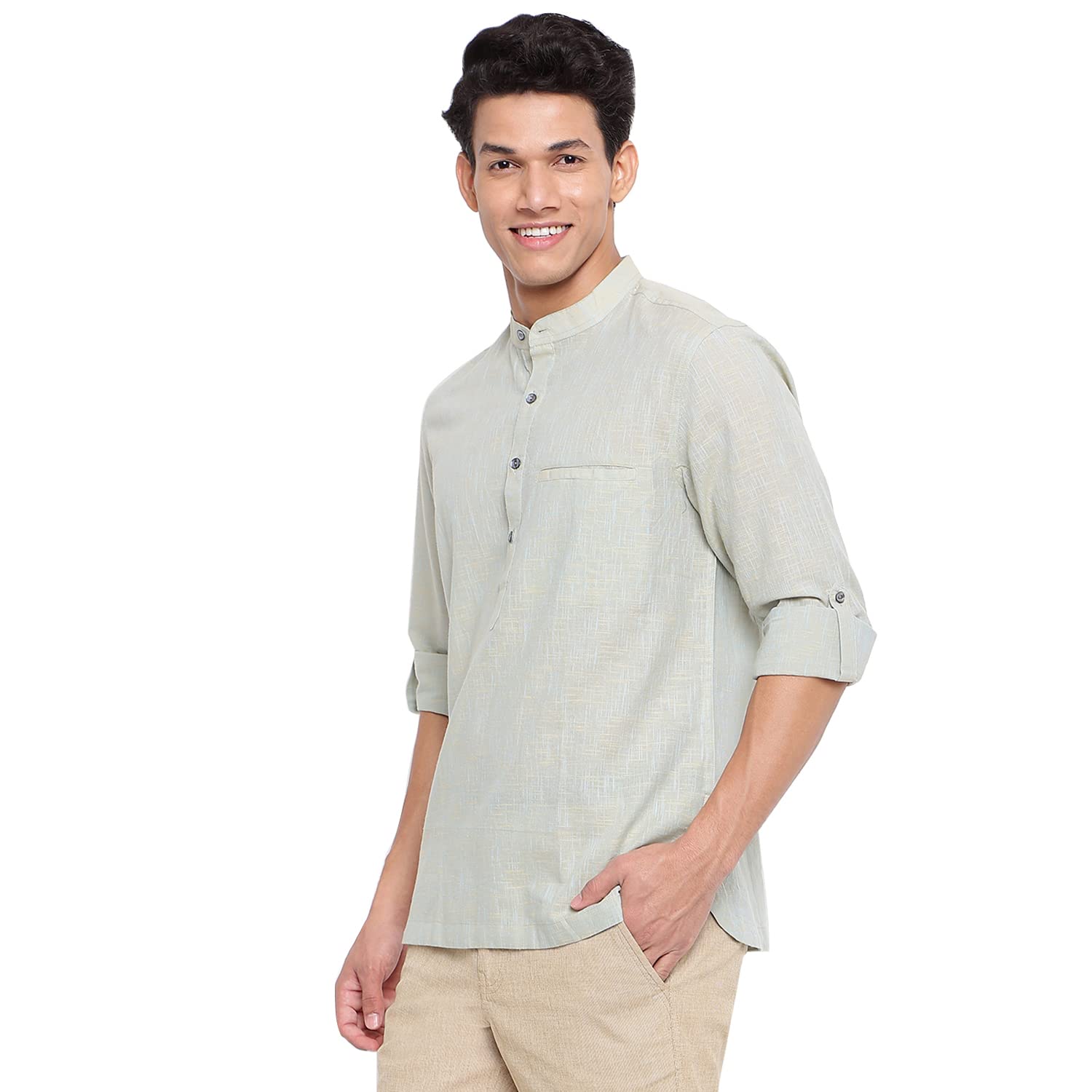 Fabindia Men Chinese Collar Kurta Shirt Cotton_Green