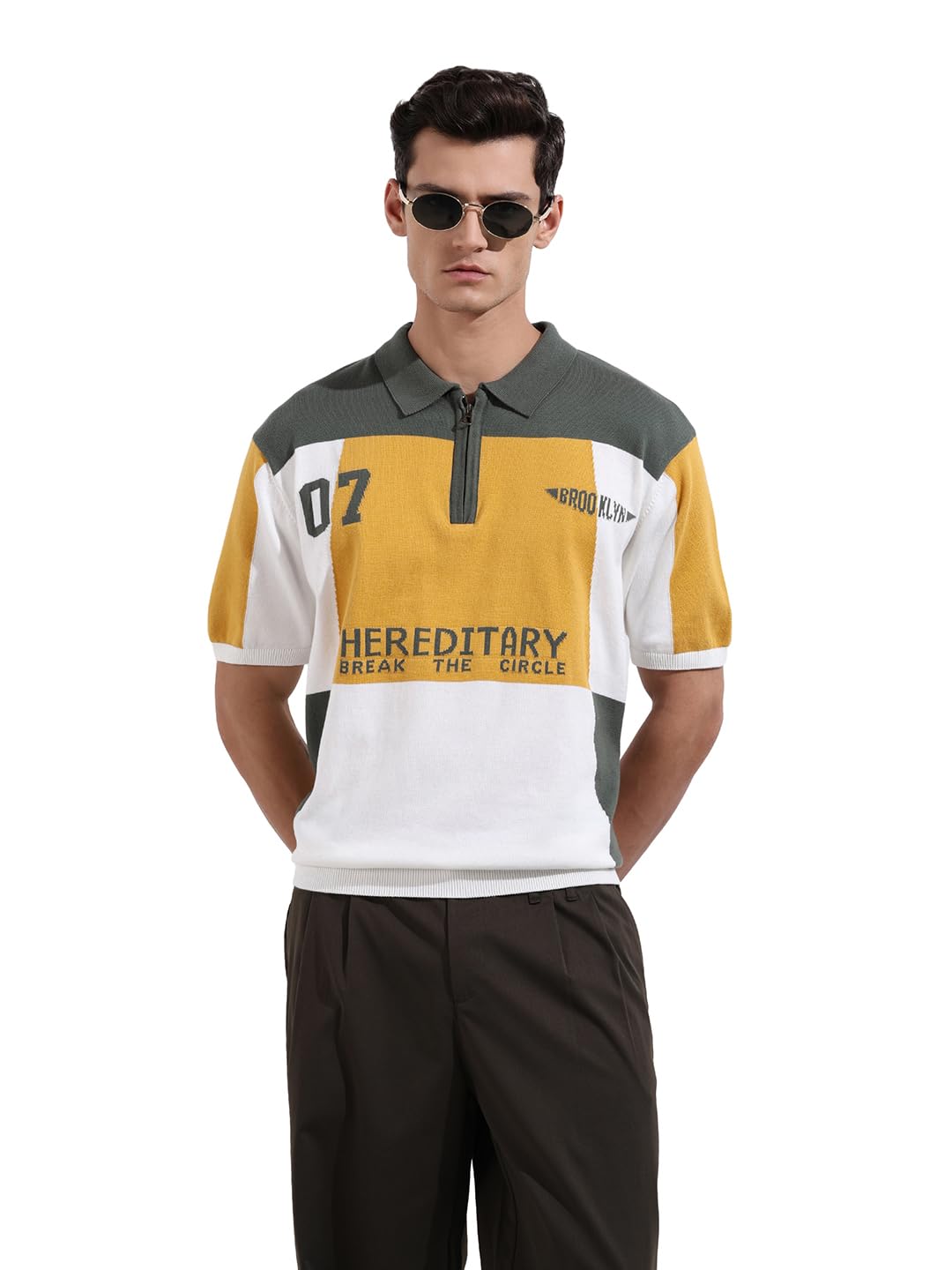 The Indian Garage Co Mens Oversized Fit Colourblocked Half Sleeves Neck Flat Knit Polo T-Shirt