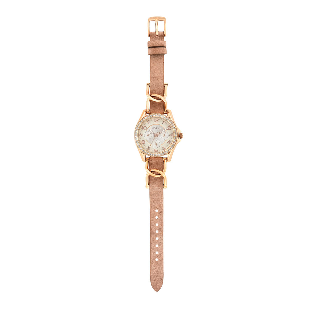 Fossil Women's Riley Quartz Stainless Steel and Leather Multifunction Watch, Color: Rose Gold, Sand (Model: ES3466)
