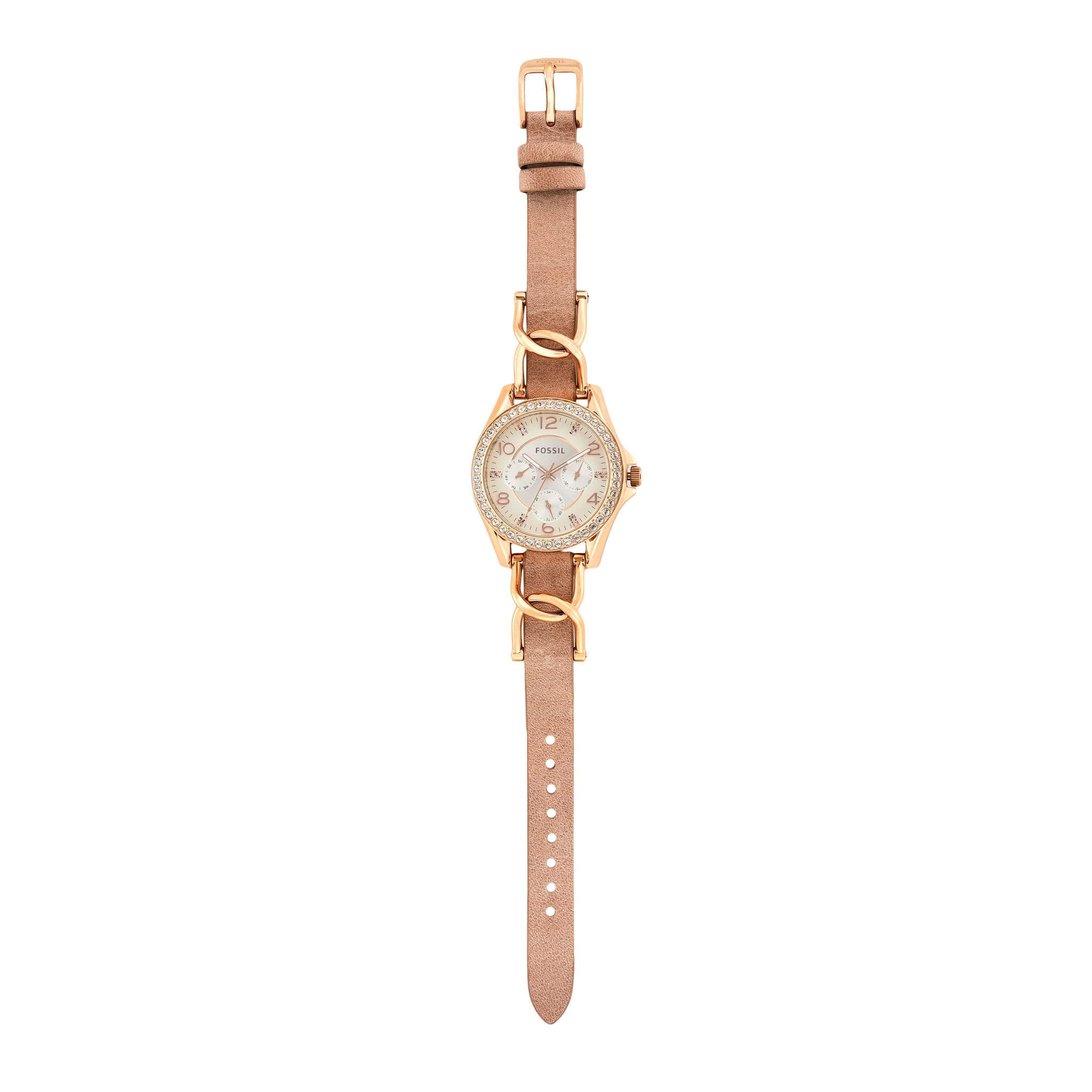 Fossil Women's Riley Quartz Stainless Steel and Leather Multifunction Watch, Color: Rose Gold, Sand (Model: ES3466)