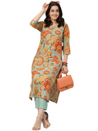 ANNI DESIGNER Womens Cotton Blend Regular Fit Straight Printed Kurta With Pant (Tinka Pista_S_Pista_Small)