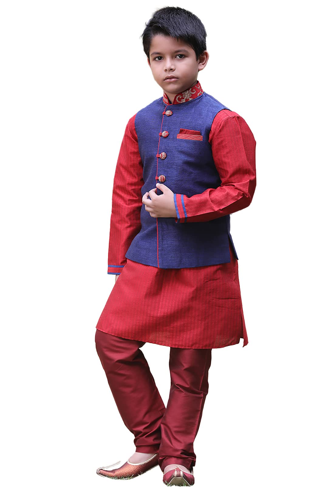 Manyavar Boys Art Silk Full Sleeve Kurta Jacket Churidar Set(5-6 years)