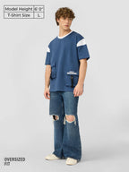 The Souled Store Utility T-Shirt: Pacific Men and Boys Short Sleeves Round Neck Blue Solid Cotton Oversized T-Shirts
