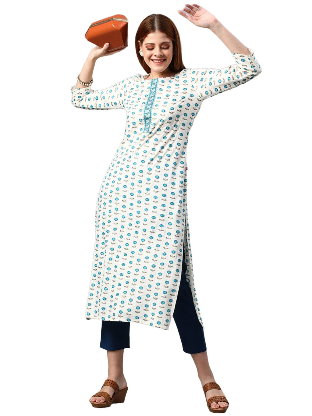 ANNI DESIGNER Womens Cotton Blend Traditional Straight Printed Kurta and Pant Set (AMD 32-White_L_White_Large)
