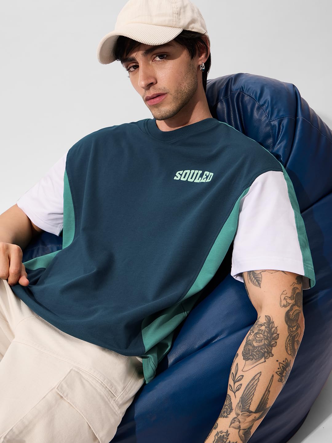 The Souled Store Solids: Deep Sea Blue Oversized T-Shirt for Men Boys Cotton Casual Half Sleeves Baggy Loose Fit Drop Shoulder R