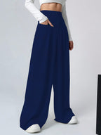 Shasmi Women & Girls Solid Navy Blue Color Loose Fit, Pleated Trousers, Wide Leg Pocket Casual Long Korean Trousers Pant (Pant 1