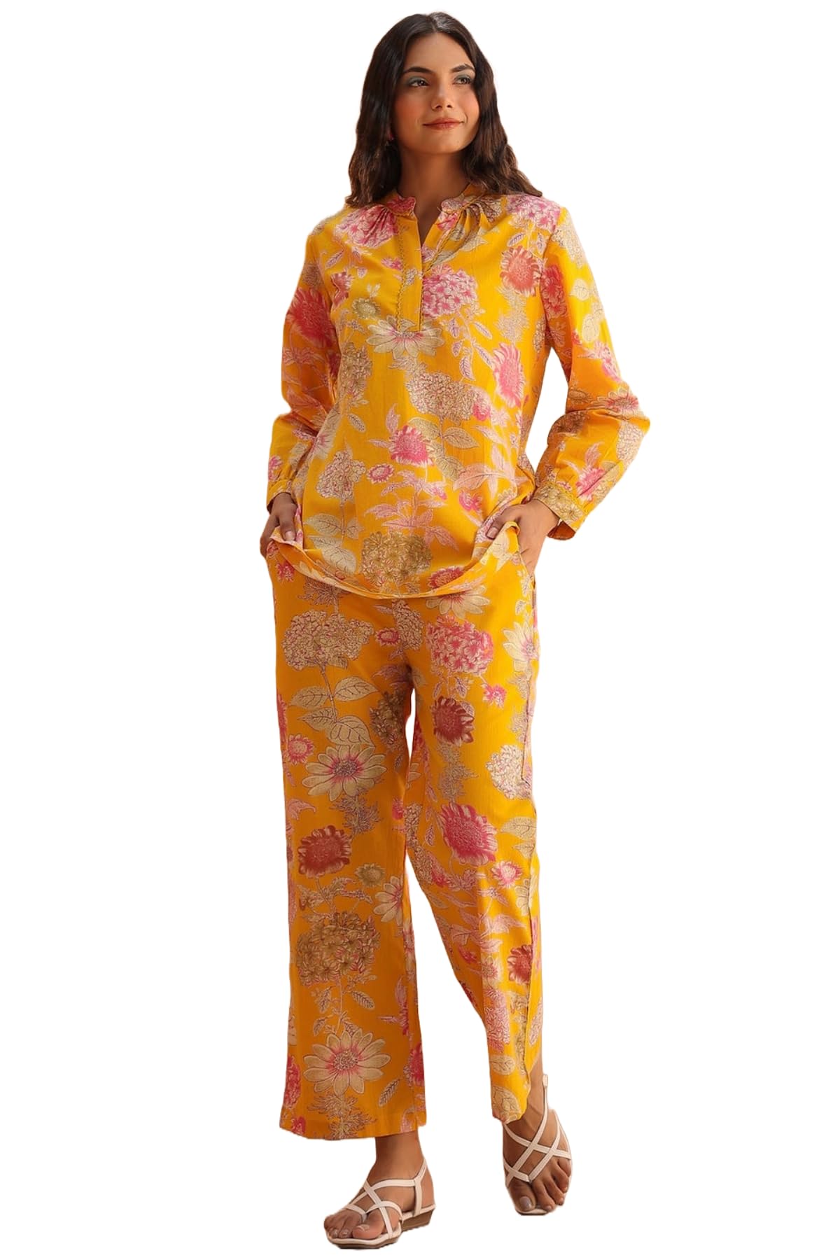 Gosriki Women'S Cotton Blend Printed Ethnic Co-Ord Set (Cooper Yellow-Gs_S_Yellow_Small)