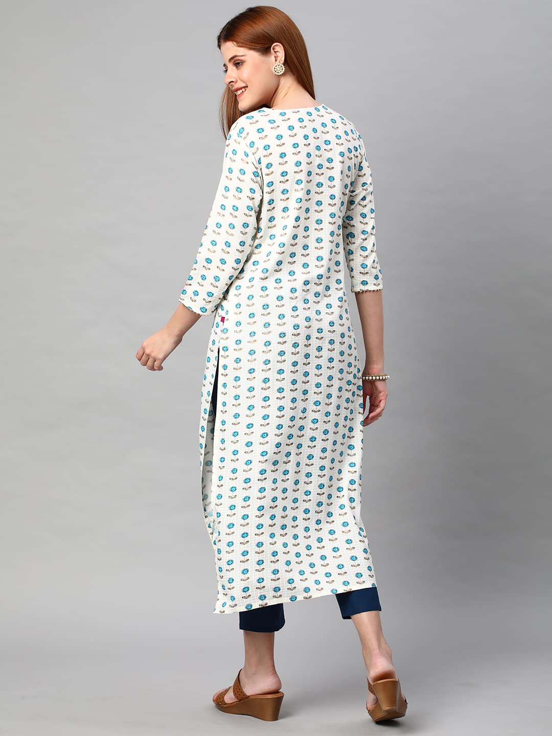 ANNI DESIGNER Womens Cotton Blend Traditional Straight Printed Kurta and Pant Set (AMD 32-White_L_White_Large)