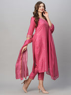 GoSriKi Women s Cotton Blend Straight Kurta with Trousers and Dupatta