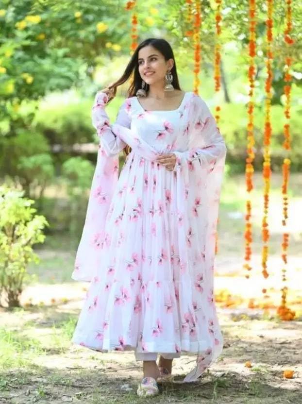 Anveri Textiles WomenS Georgette Umbrella Dress With Full Sleeve U Neck Floral Printed Fit-Flared Anarkali Style Kurta With Dup