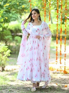 Anveri Textiles WomenS Georgette Umbrella Dress With Full Sleeve U Neck Floral Printed Fit-Flared Anarkali Style Kurta With Dup