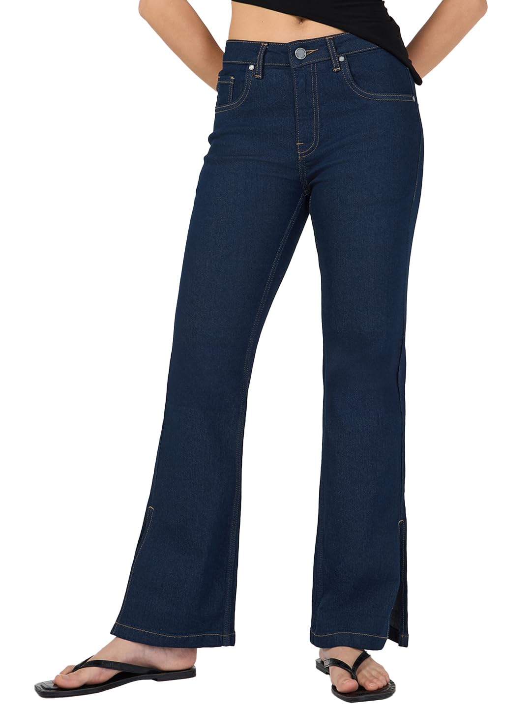 Bewakoof Womens Solid Bootcut Cotton Elastane Jeans_662172_Blue_36